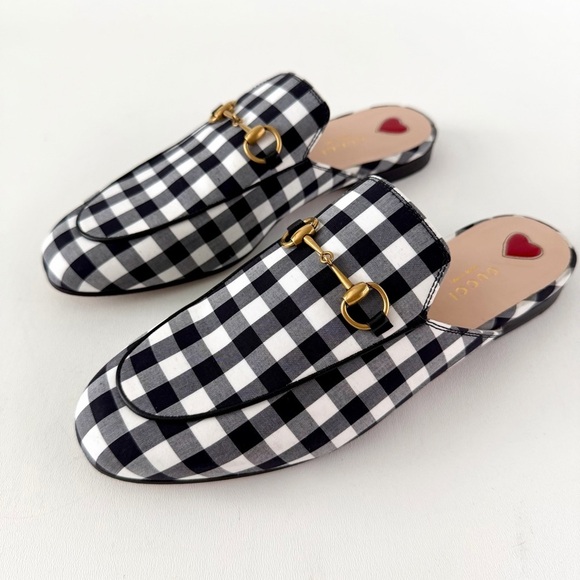 GUCCI | Black & White Gingham Check Princetown Horsebit Mules Loafers Flats 38.5 - Picture 4 of 13